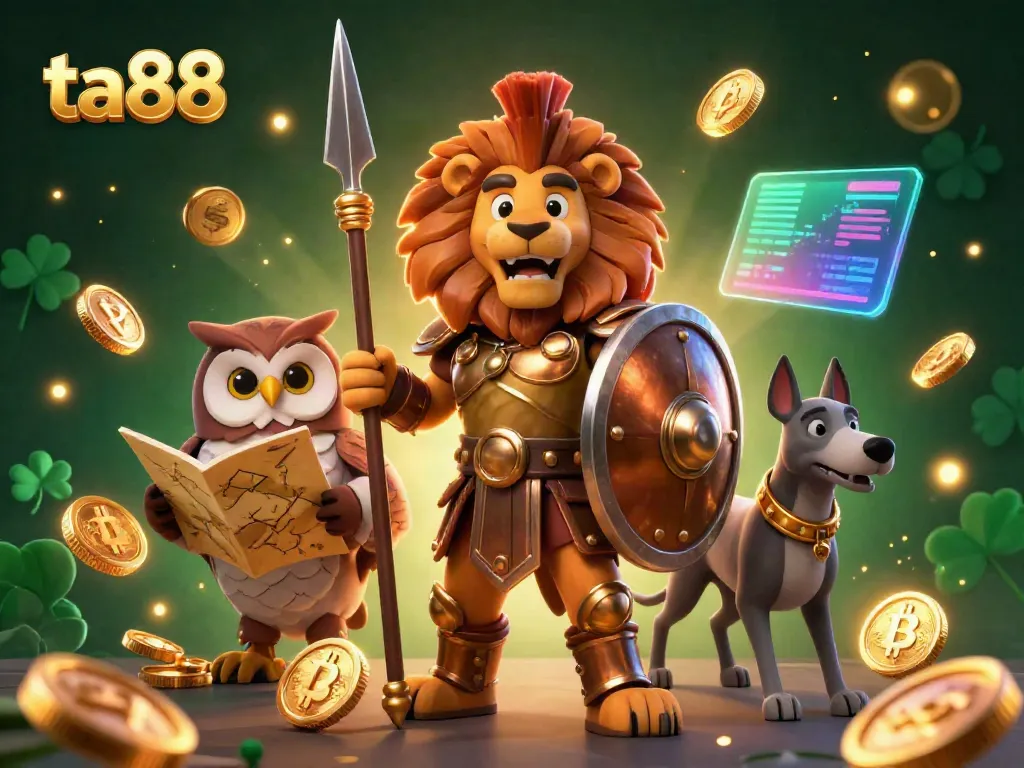 Engage with ta88’s 3D illustration showcasing a heroic lion, owl strategist, and greyhound in a vibrant gambling scene filled with crypto elements.