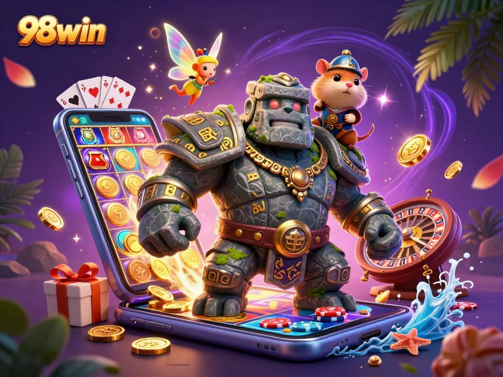 Engage with 98win's thrilling slot adventures featuring vibrant characters and dynamic casino elements.