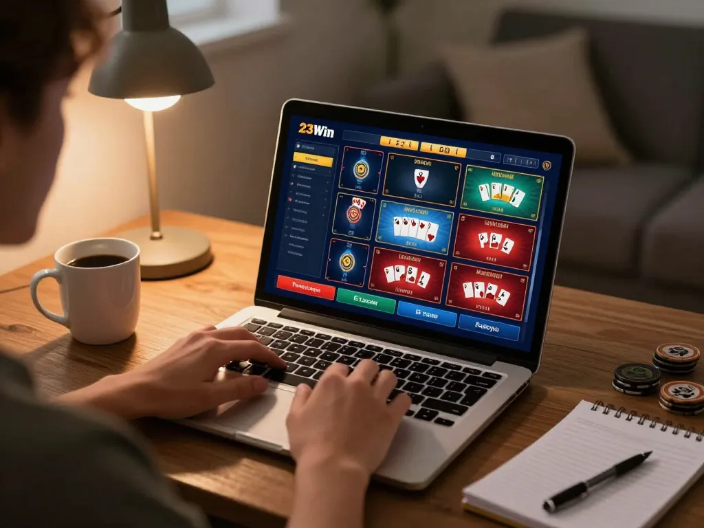 Engaging in online casino games on 23Win, showcasing vibrant gaming interfaces and a cozy home atmosphere.