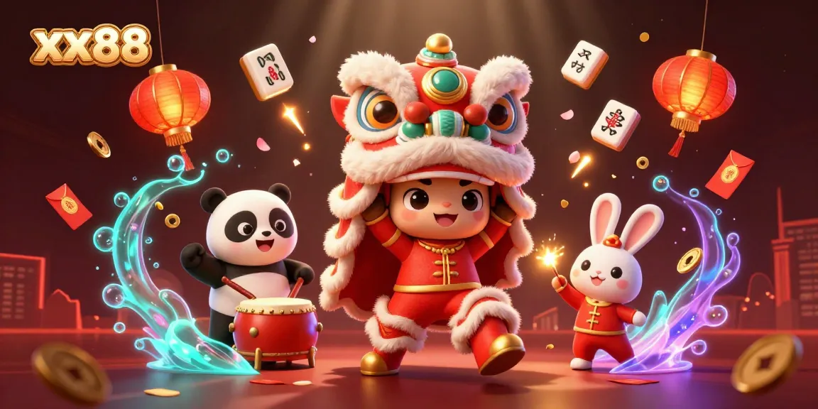 Experience the thrill of winning at xx88 with lively characters celebrating new year and vibrant casino elements.