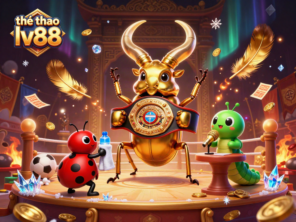 thể thao lv88 showcases an energetic battle scene with cartoon characters and gambling elements.