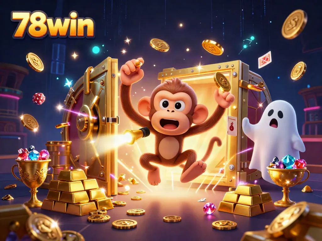 Experience thrilling action with 78win's lively casino scene, featuring a playful ghost monkey amid golden treasures.