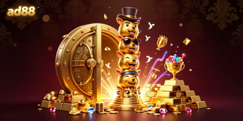 Experience thrilling wins at ad88 with a vibrant casino scene filled with treasures and excitement.