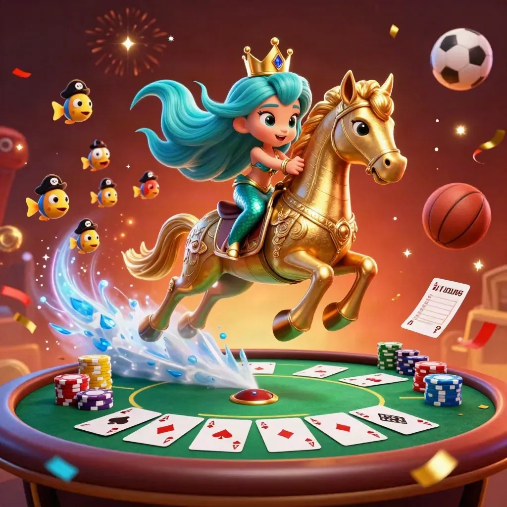 Mermaid poker hero on a gold seahorse amid chips, cards, confetti, and flying sports balls.