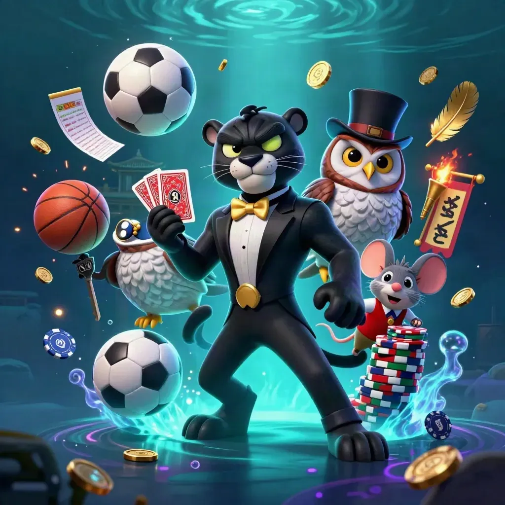 Panther, owl, and mouse amid flying sports balls, chips, and glowing underwater casino light.