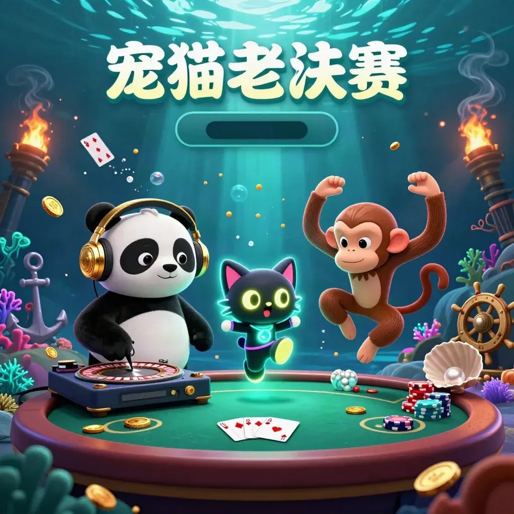 Panda DJ, breakdancing monkey, and rave kitten in a glowing underwater poker treasure cove.