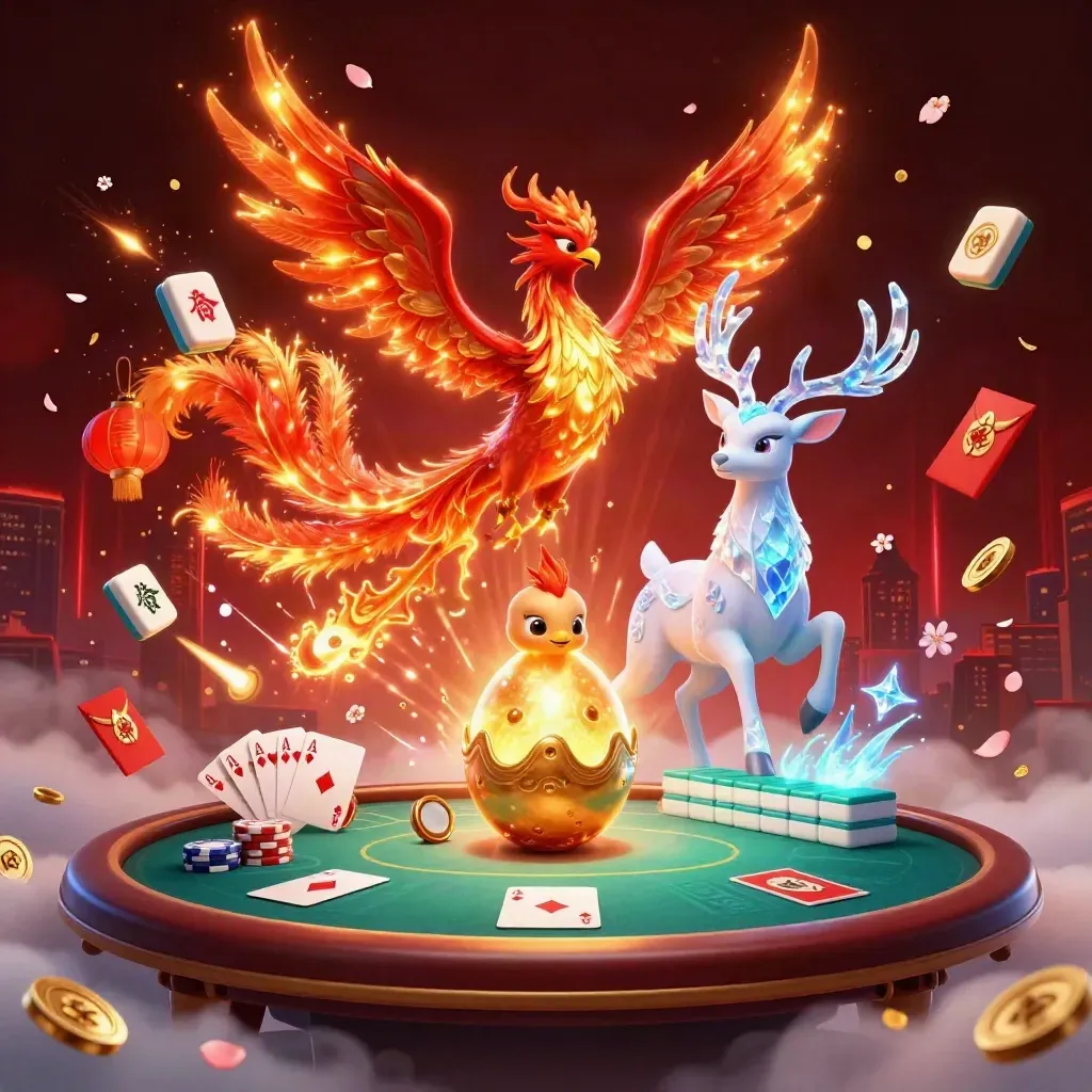 Phoenix, hatchling, and crystal stag explode over a neon poker table in a dark casino skyline.
