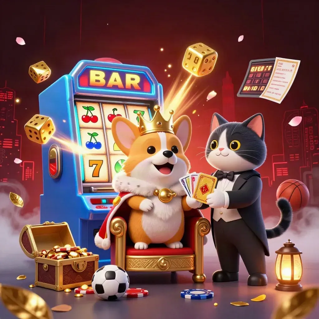 Royal corgi and cat butler amid exploding casino props, skyline glow, teal-blue neon light