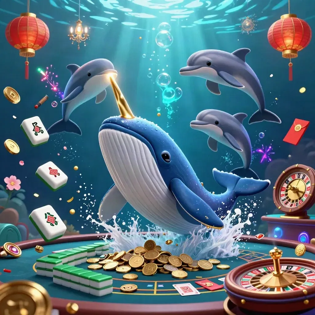 Whale captain, narwhal, and dolphins in a glowing underwater casino with coins, lanterns, and neon light.