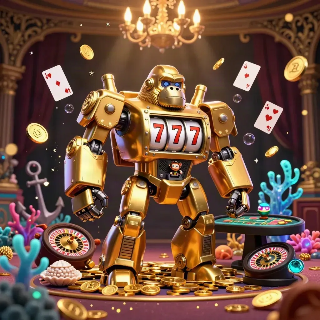 Golden slot-mech gorilla with monkey pilot amid coins, coral, roulette, and casino glow.