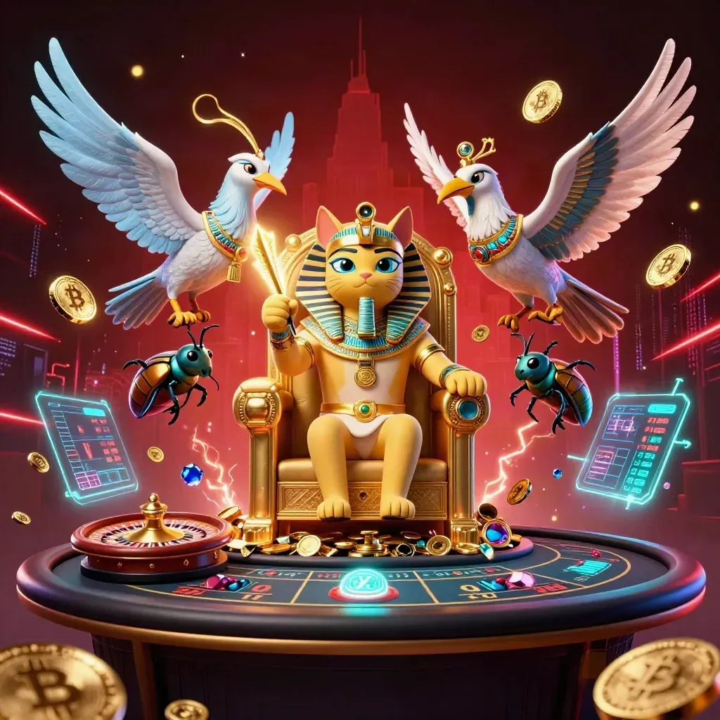 Pharaoh cat, ibis scribe, and scarab beetles amid neon casino lights and glowing coins.
