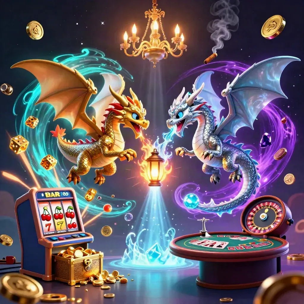 Two dragons, slot burst, treasure, neon casino glow, and a lantern spirit