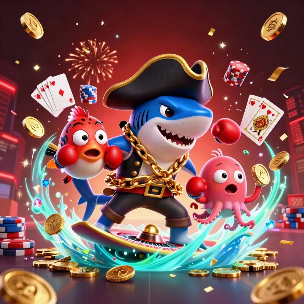 Pirate shark, boxing pufferfish and juggling octopus amid casino chips, coins and teal glow.