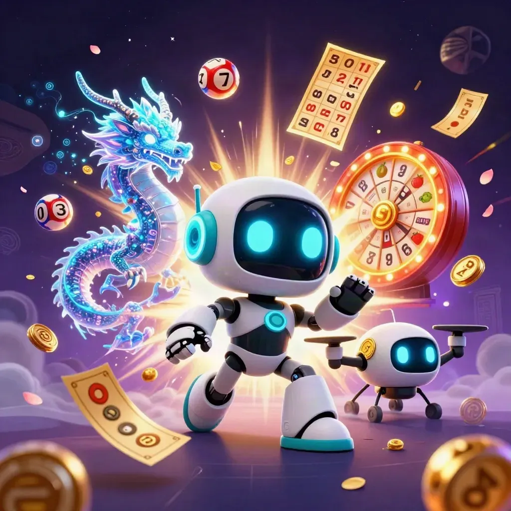 Chrome robot, holographic dragon and coin drone amid neon casino bursts