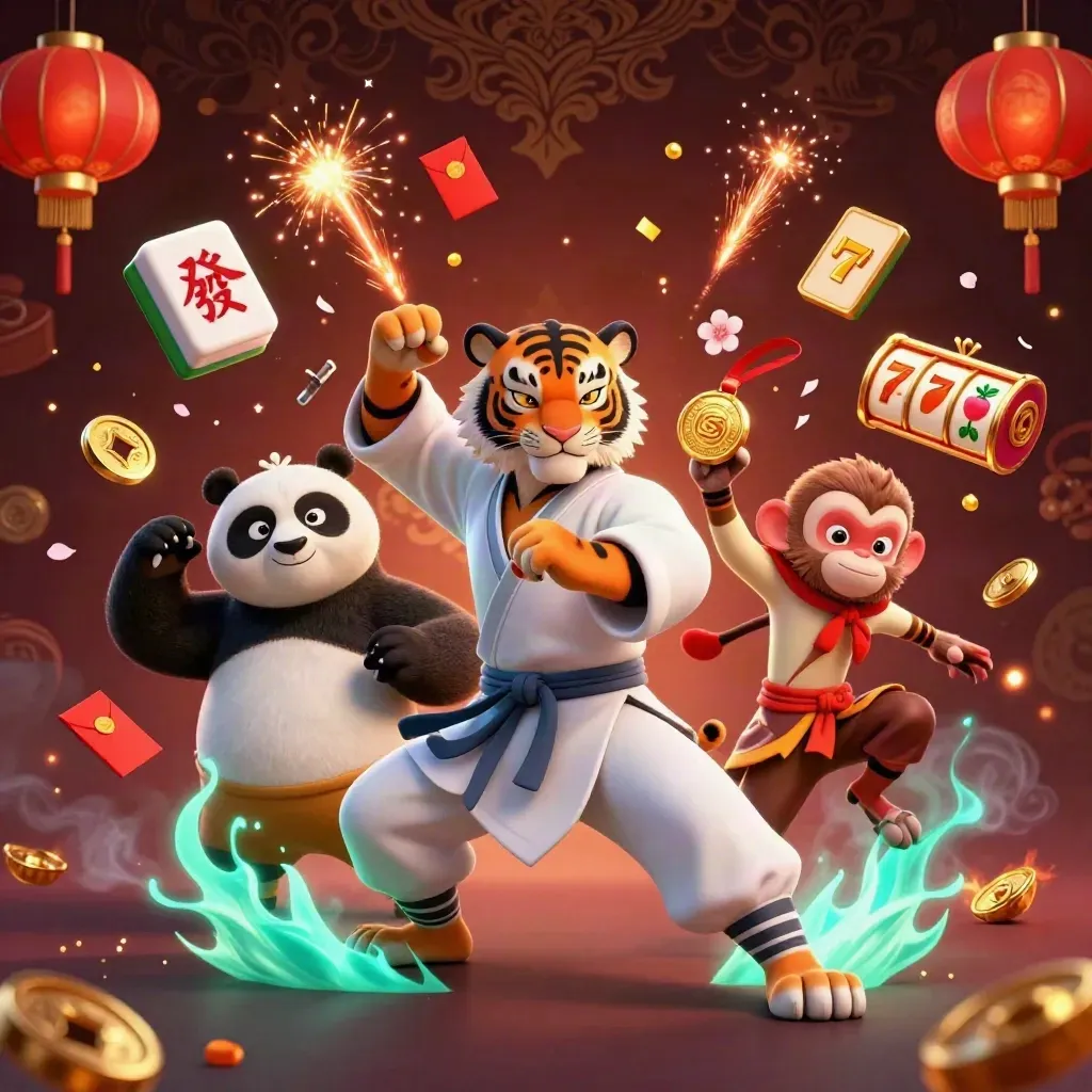 Teal-lit tiger, panda, and monkey amid poker-casino treasures and coin bursts