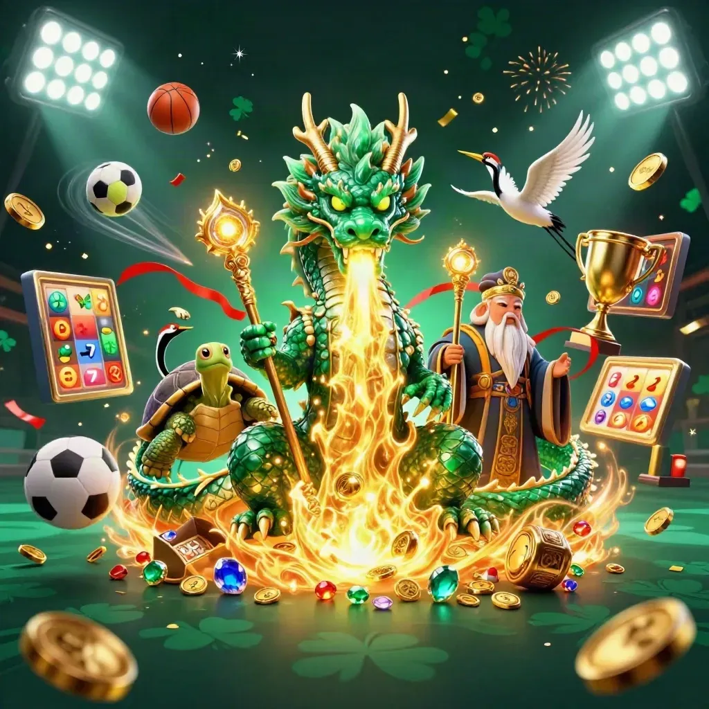 Emerald dragon, turtle sage, and ribbon cranes amid casino loot, sports balls, and teal glow