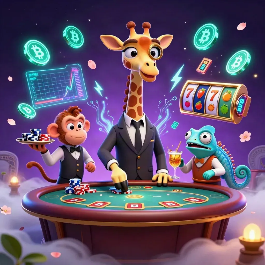 Giraffe poker boss, monkey valet and chameleon bartender amid neon casino effects