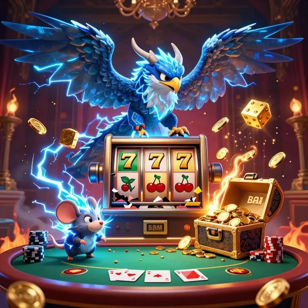 Thunder dragon, wind hawk, and static mouse amid slot burst, chips, cards, and gold in icy casino glow