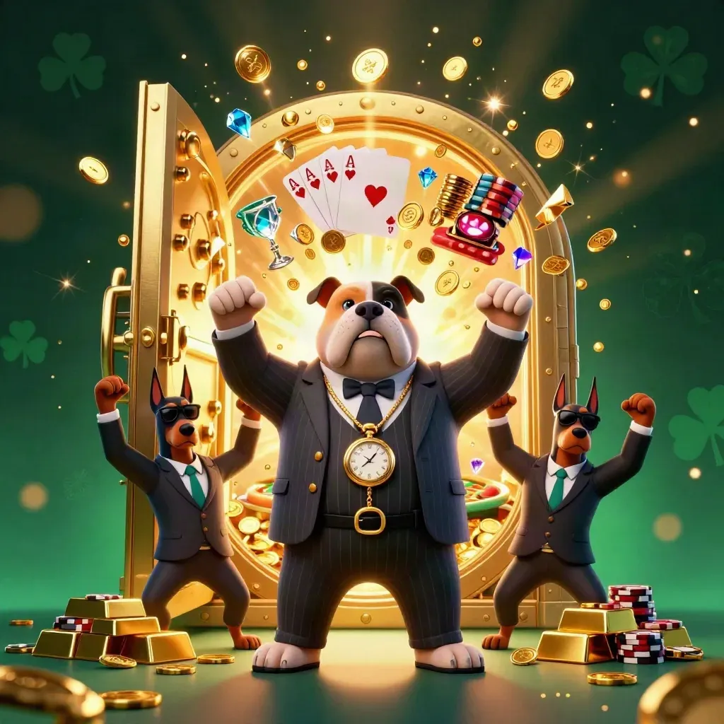Bulldog boss with two Dobermans amid vault gold, poker chips, gems, and fireworks