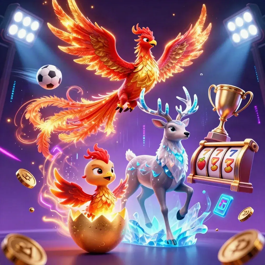 Phoenix, baby hatchling, and crystal stag amid casino lights, coins, reels, and neon energy.
