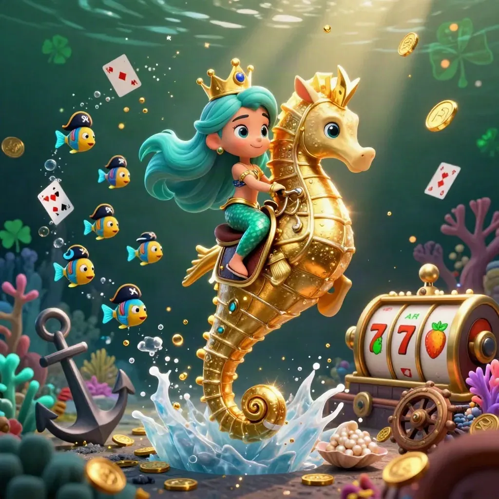 Mermaid princess on armored seahorse amid pirate fish, coins, coral, cards, reels, and casino glow.