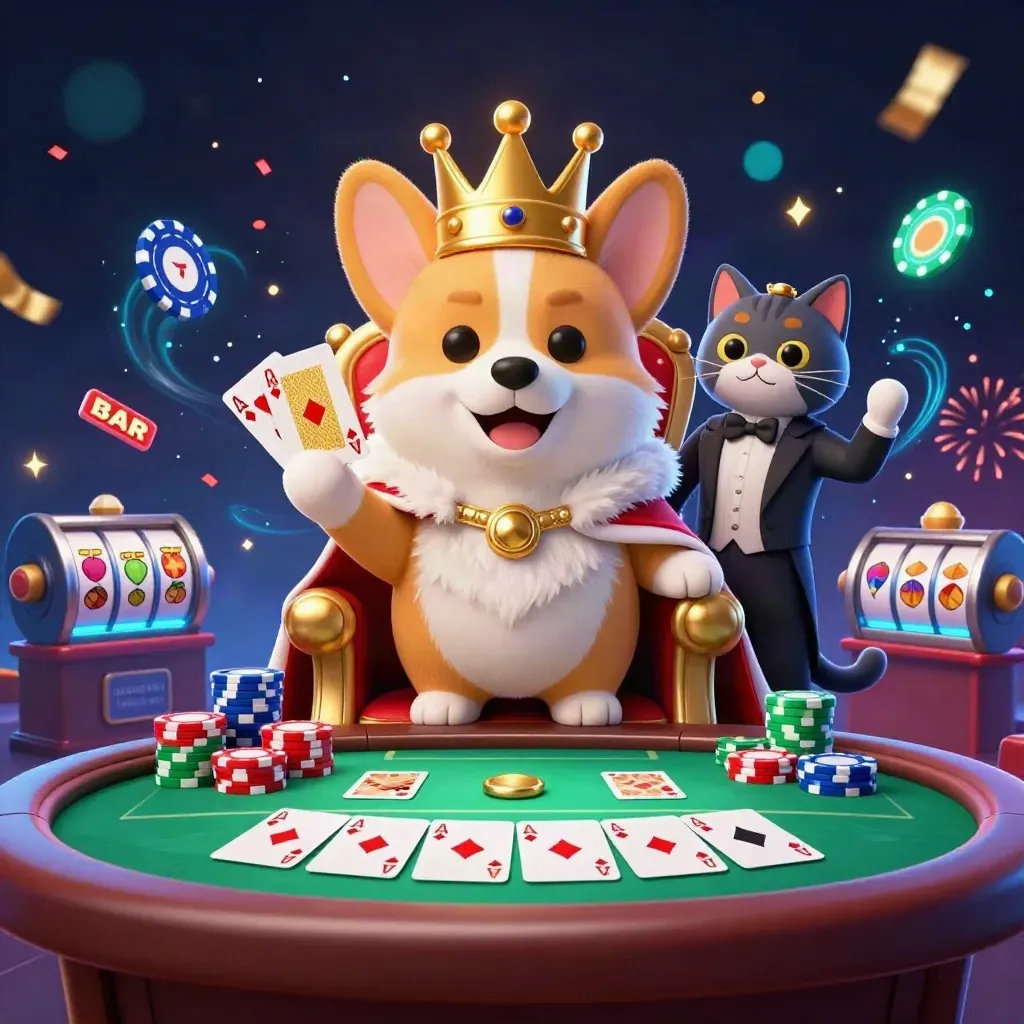 Royal corgi and cat butler amid poker chips, cards, reels, and neon casino effects.