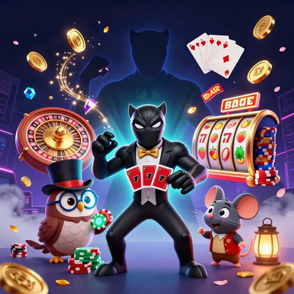 Panther, owl, and mouse deal poker amid glowing chips, coins, and reels in neon Arctic blue tones.