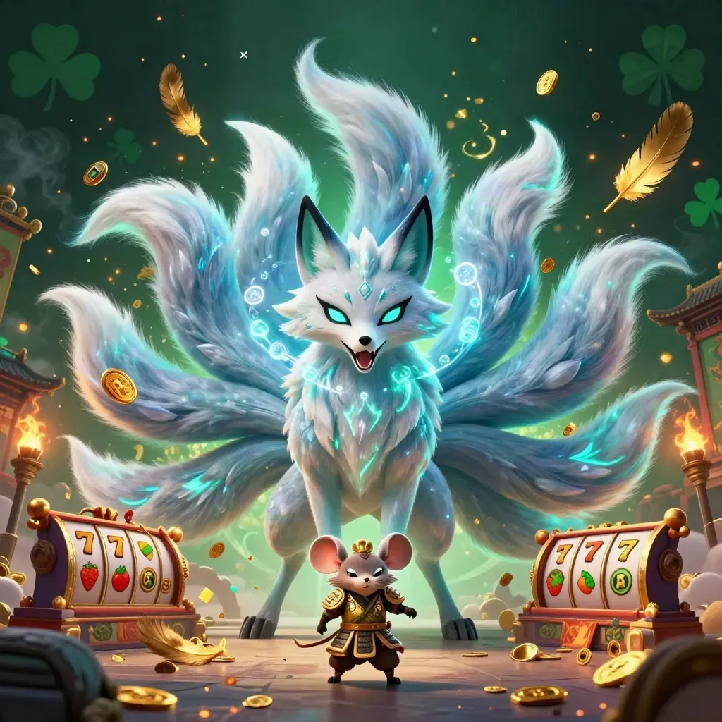 Neon nine-tailed fox spirit and armored mouse amid casino symbols, coins, and torch-lit temple ruins.
