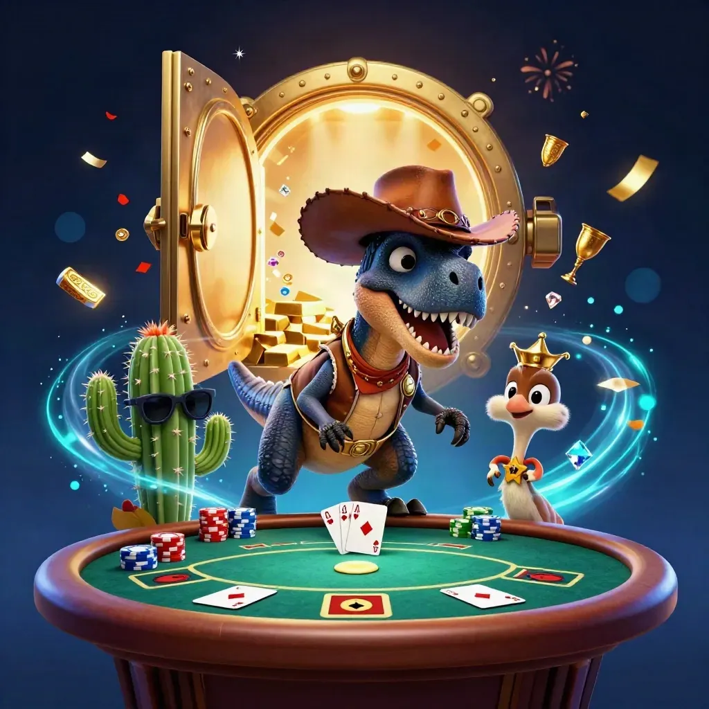 Cowboy T-Rex poker hero art with cactus sidekick, roadrunner, gold, chips, and neon vault glow