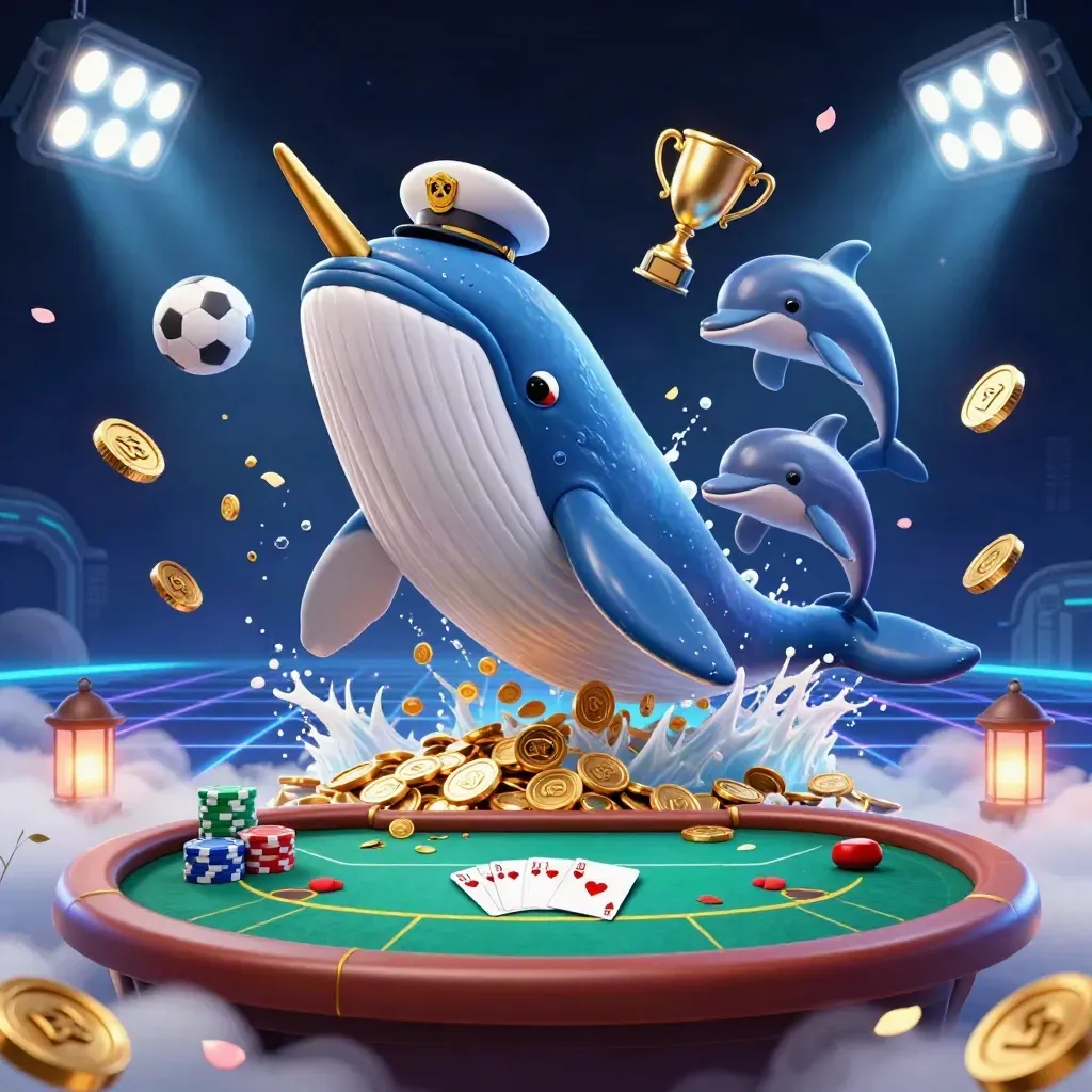 Whale captain, narwhal, and dolphins amid poker chips, coins, and neon casino lights