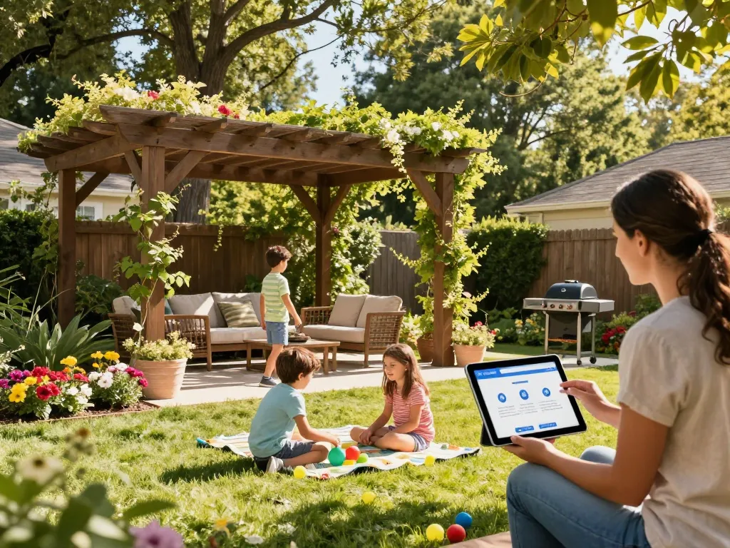 Pergola Sales Software showcased during a backyard family gathering under a beautifully designed pergola, highlighting features and outdoor comfort.