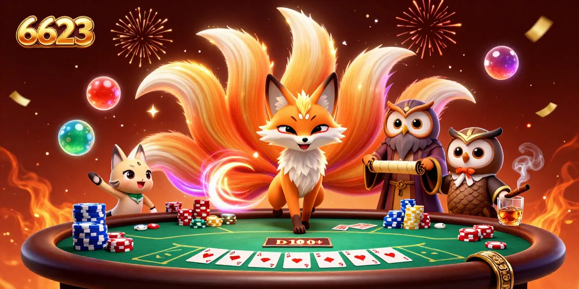 Experience the excitement of 6623 casino with a vibrant 3D scene featuring playful spirits and poker elements.