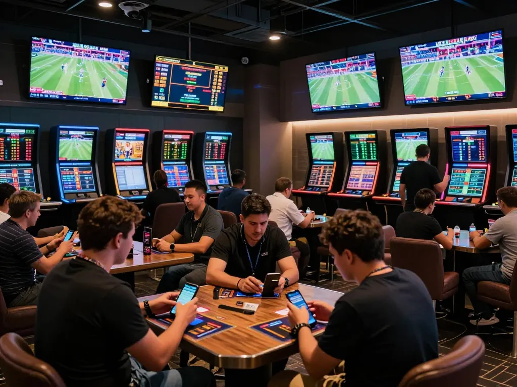 Patrons engaging in sports betting at https://tx88at.com/ with multiple screens displaying live odds and events.