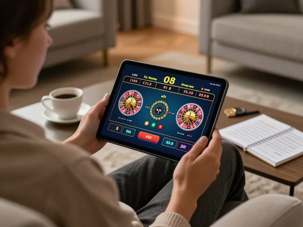 O8 gaming interface displayed on a tablet during a relaxed online casino session at home.