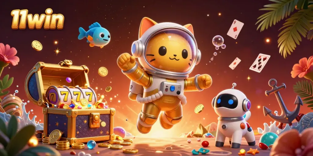 Engage in thrilling gaming with 11win, highlighted by vibrant characters and exciting casino elements.