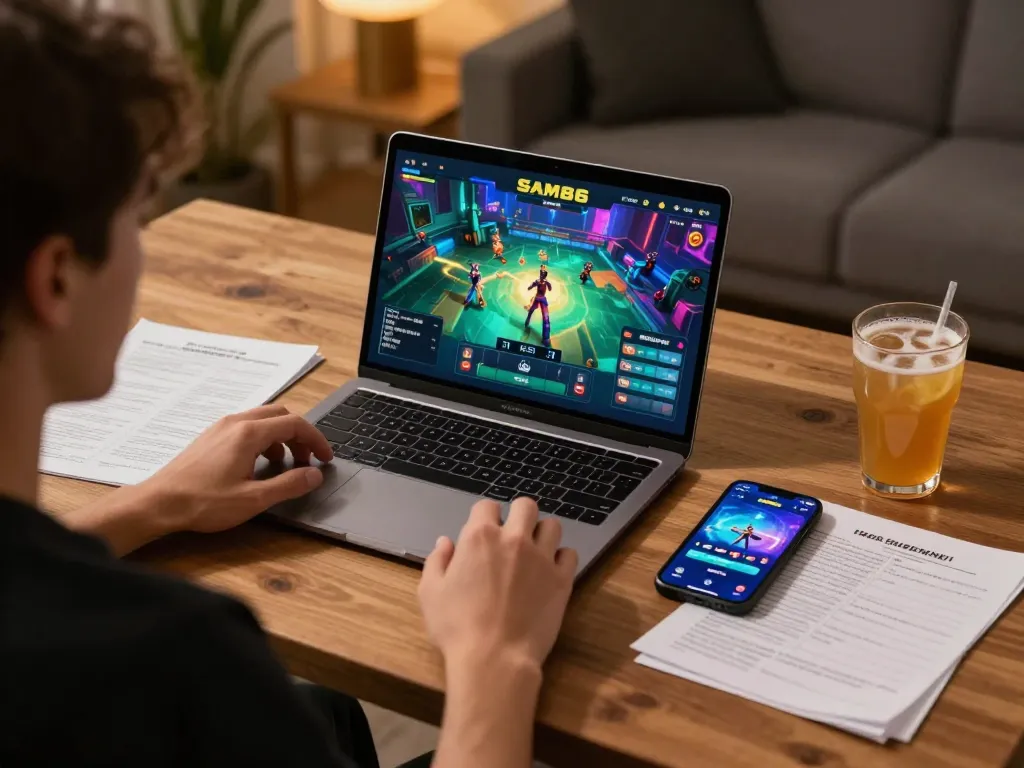 Player enjoying SAM86 online gaming on laptop, inviting atmosphere with strategic notes.