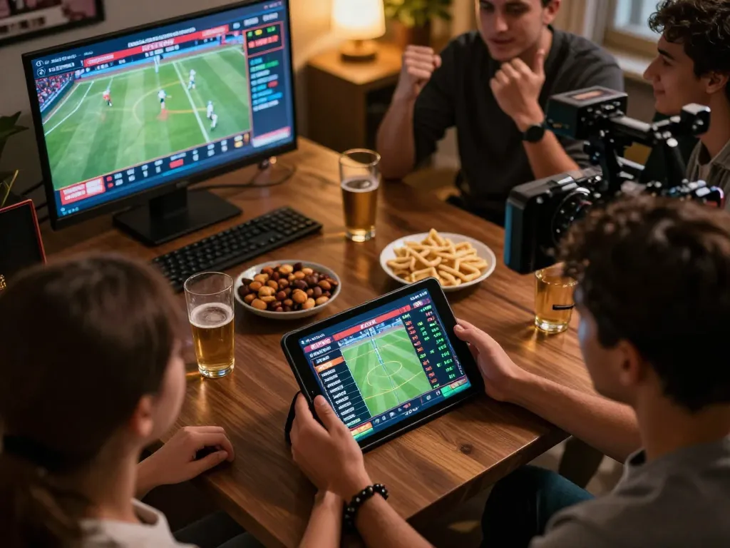 Engaged gambler using mm88star tablet for live sports betting, thrilling atmosphere with friends.