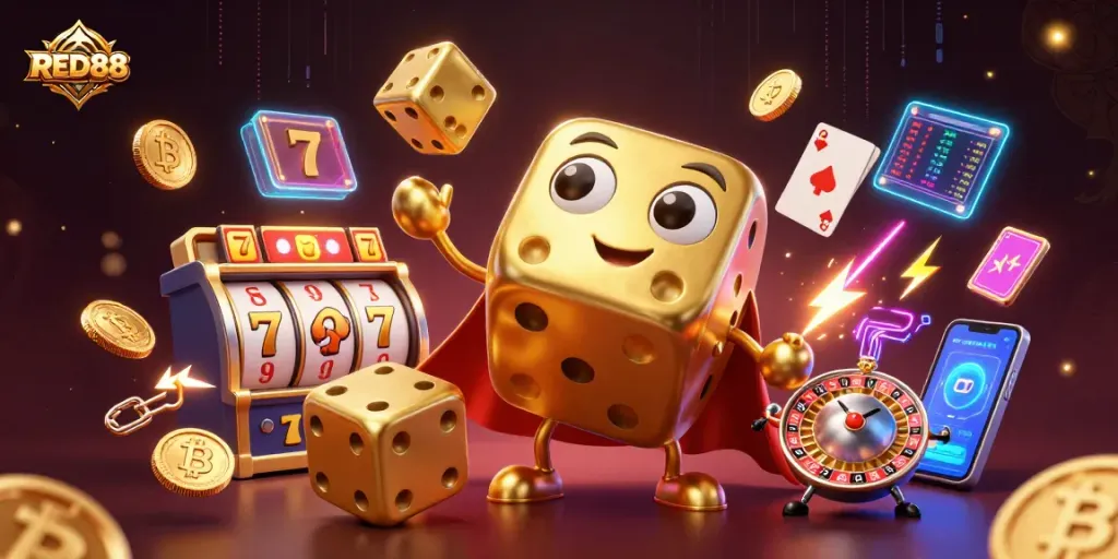 Win big with RED88 as golden dice and slot elements create an electrifying casino experience
