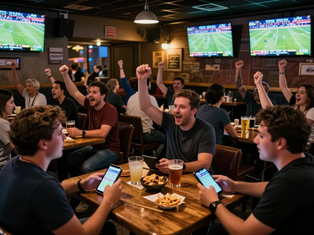 Engaged fans placing wagers with kèo nhà cái trực tiếp displayed on screens during live sports event.