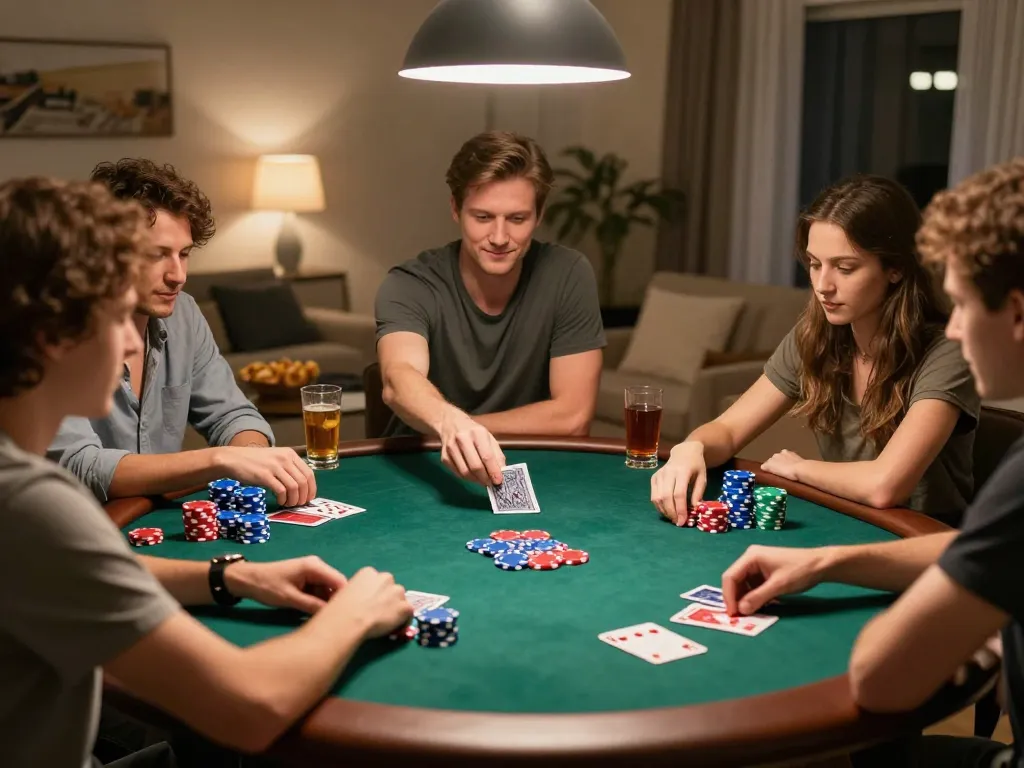 Friends playing poker while strategizing their next move at home, showcasing the excitement of Da88.