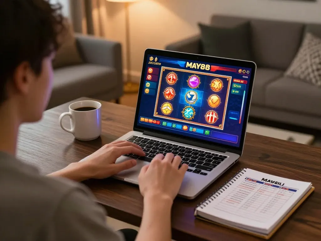 MAY88 gaming enthusiast engaging with online slots on laptop while managing betting strategies.