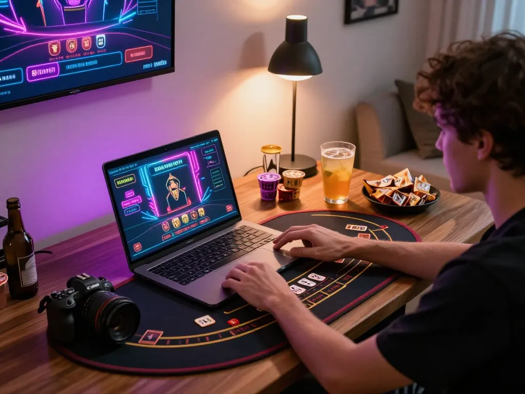 Playing blackjack online at home on 98win with snacks and colorful interface.