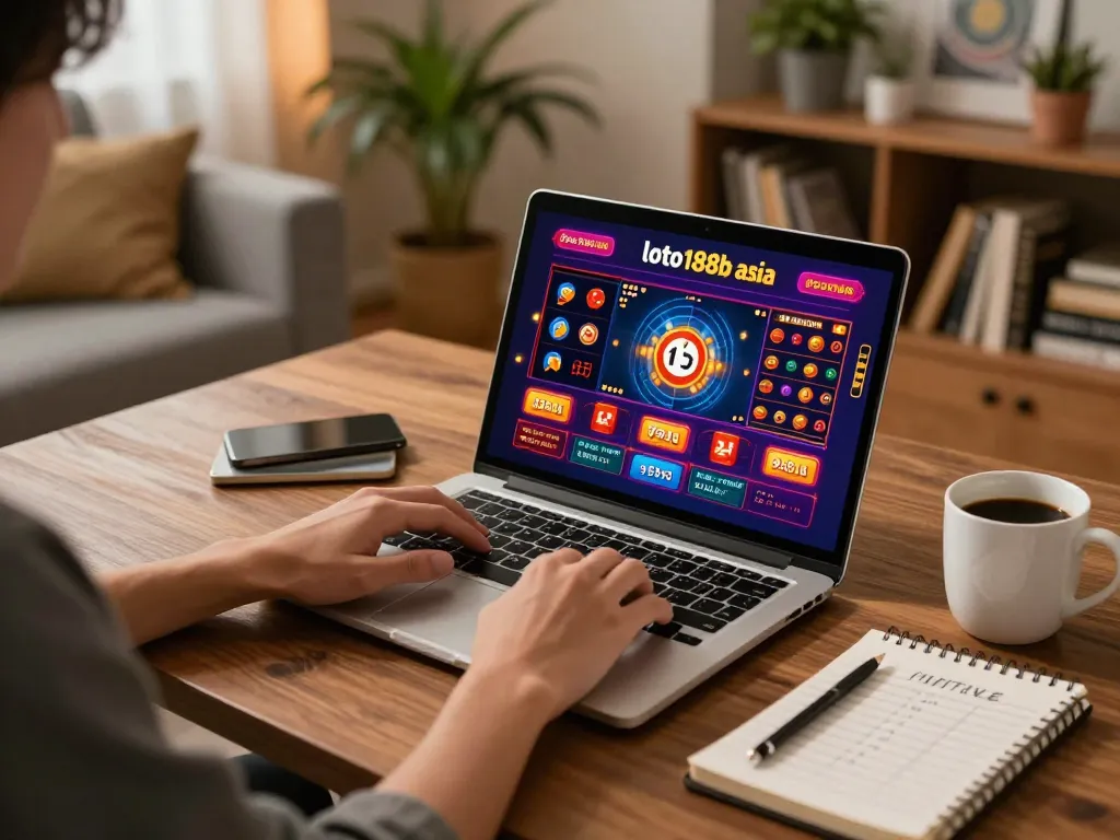 Engaged player exploring loto188b asia online casino on laptop, showcasing dynamic gaming setup.