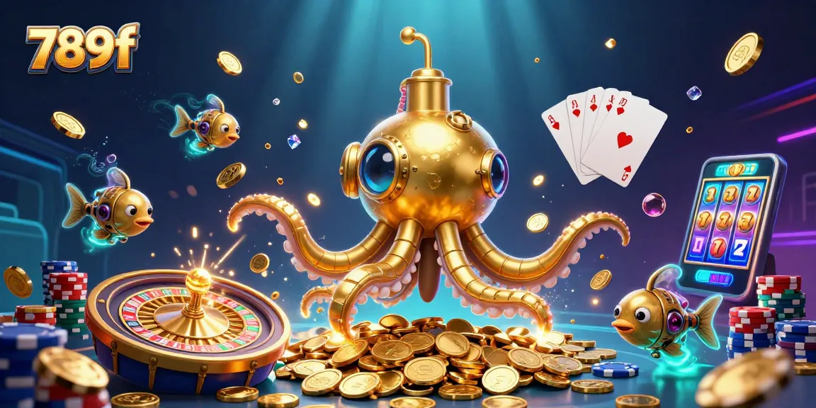 Engage with 789f's dynamic gaming scene featuring a golden kraken submarine amidst a sea of coins.