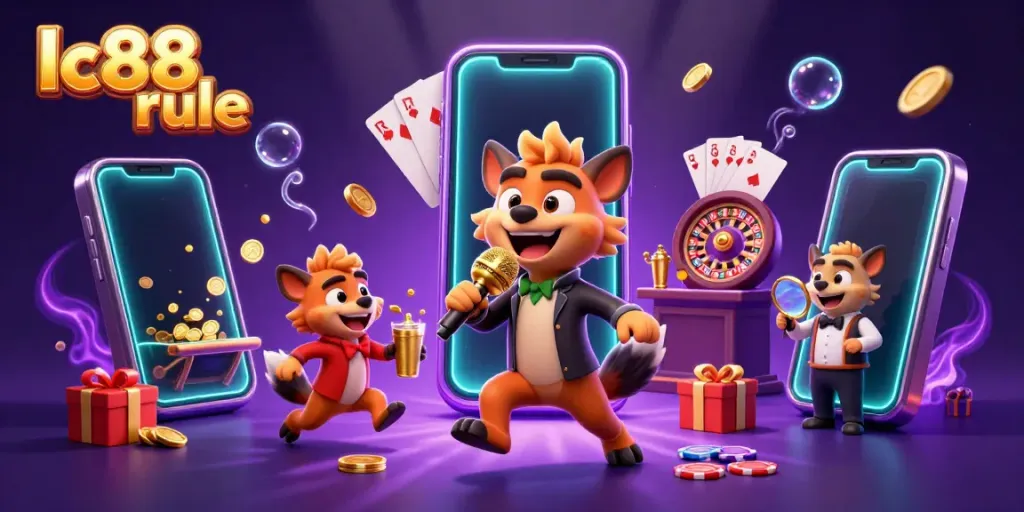 Join the fun at lc88 rule with energetic hyena characters running a comedy casino filled with vibrant slot games and lively decor.