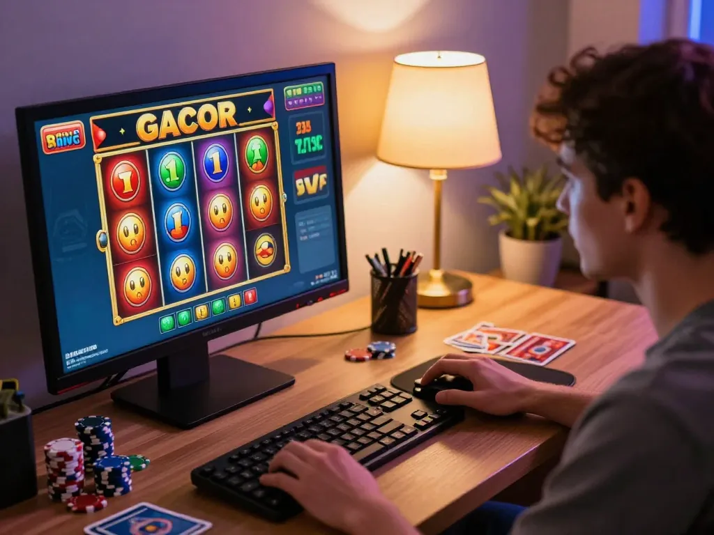 Player experiencing a thrilling win on slot gacor online game while enjoying a cozy home setup.