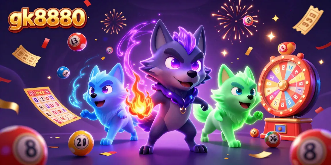 gk8880 showcases winning moments with vibrant lottery elements, glowing wolves, and rich casino excitement.