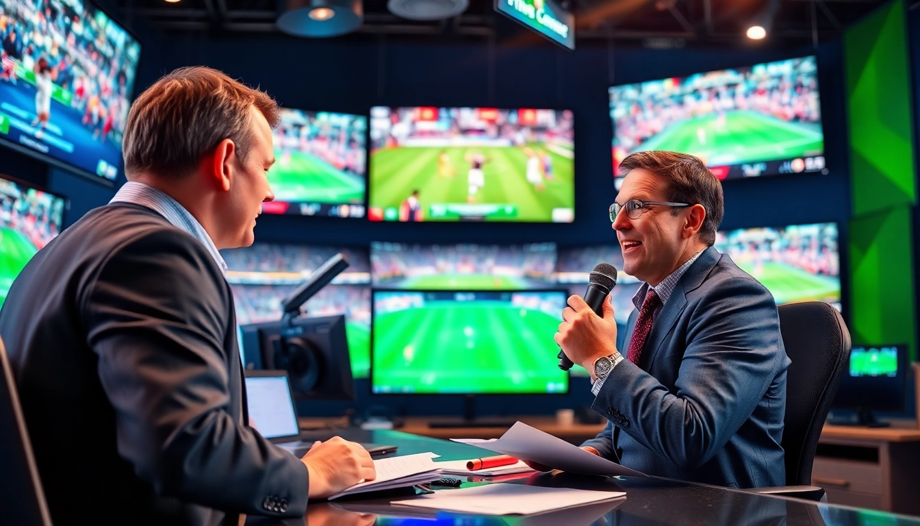 Engaging sports broadcasting studio showcasing a passionate analyst during a live commentary.