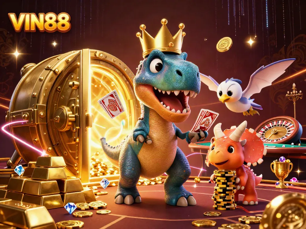 Experience thrilling gaming at VIN88 with a T-Rex shuffling cards and fun casino elements.