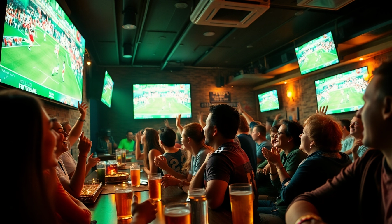 Excited fans watching live football on Luongson TV in a vibrant sports bar setting.